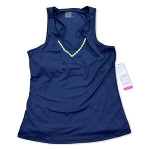 Lucky In Love Shirt Women's Medium Navy Blue Tennis‎ Tank V-Neck Sleeveless NWT